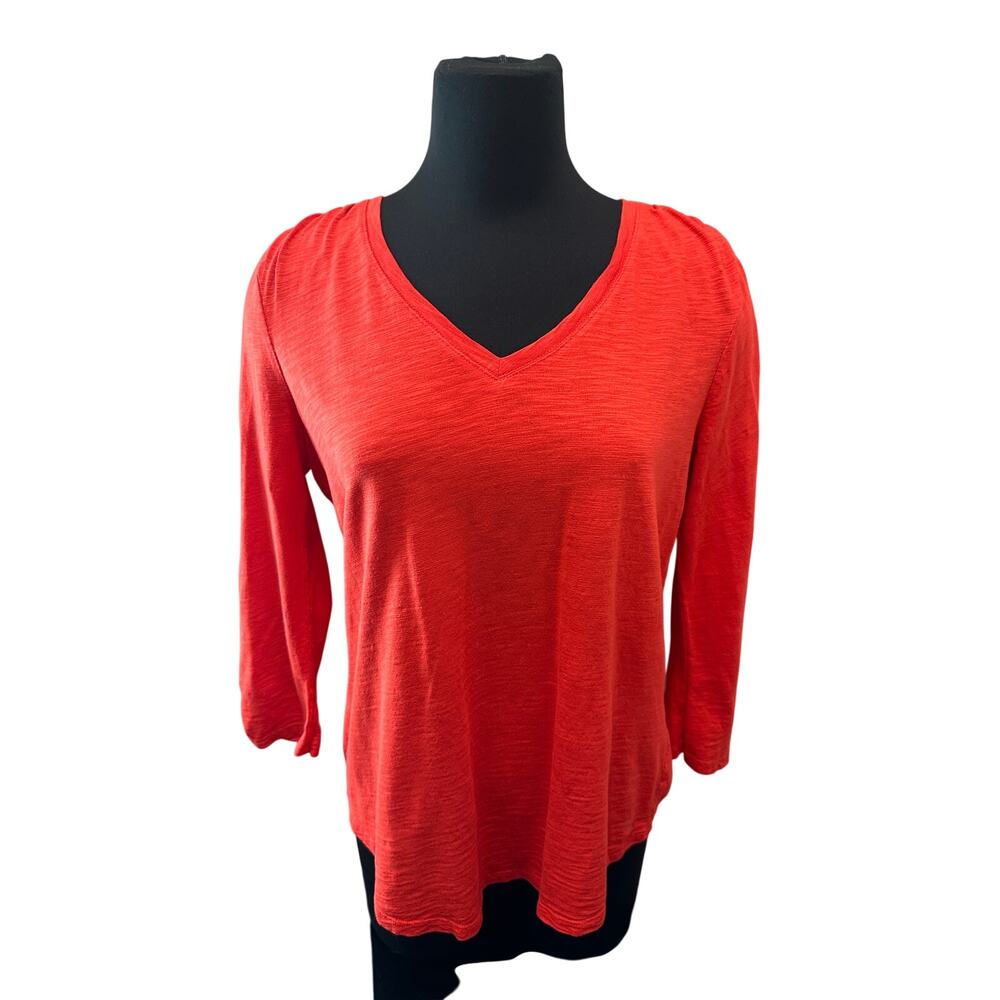 CHICO’S | Orange V-Neck Knit Top 3/4 Sleeve Cotton Modal | Size 1 Medium - Picture 2 of 6